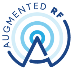 Augmented RF logo with antenna signal radiating out from dark to light blue