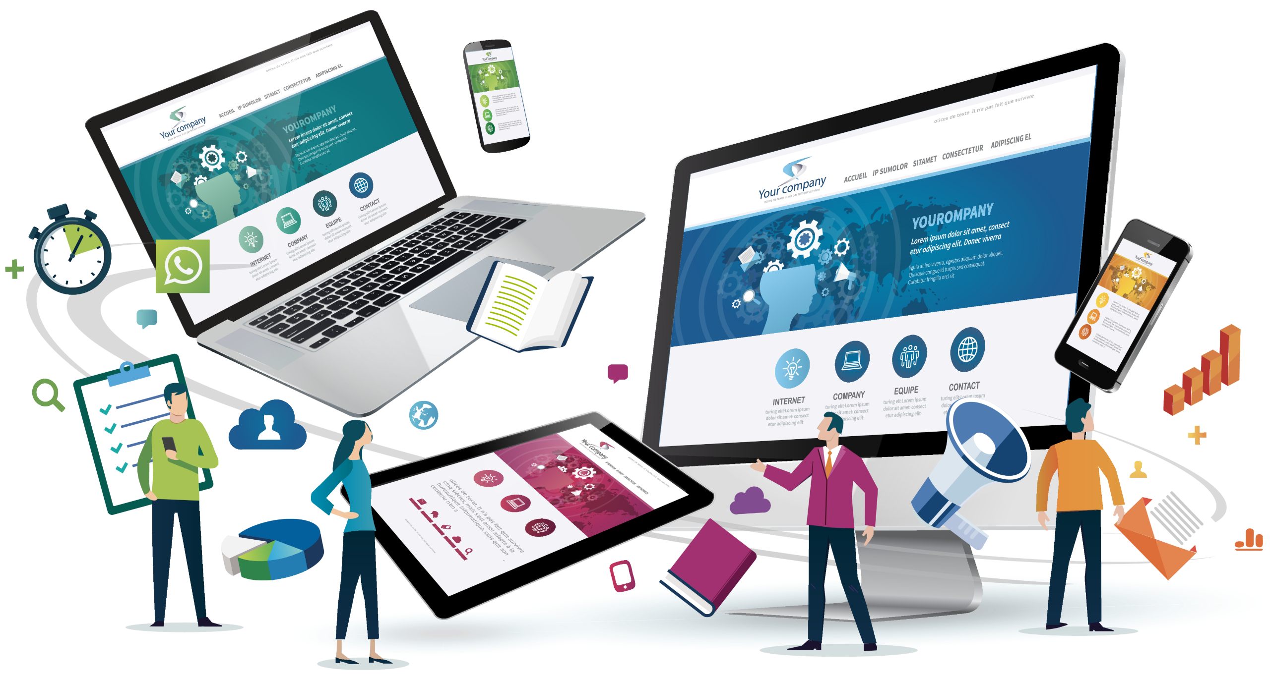 Illustration of people, computer and mobile devices in various color schemes